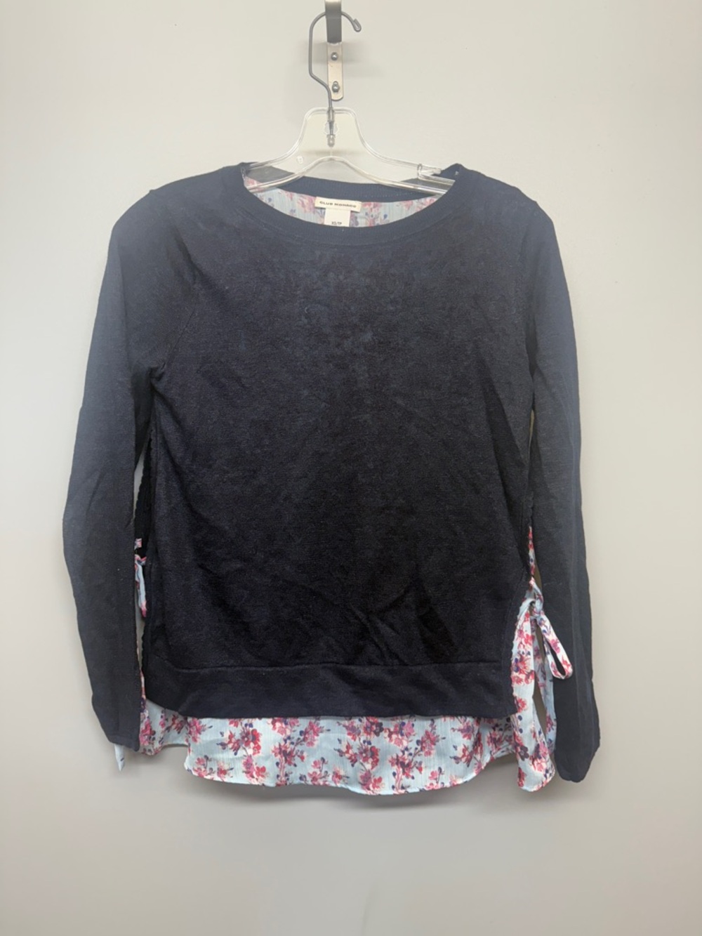 Club Monaco Navy Layered Tie-Side Knit Top with Floral Under Layer Hem